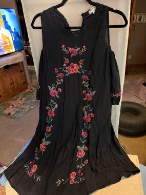 Umgee Black Midi Dress with Pink & Orange Floral Embroidery